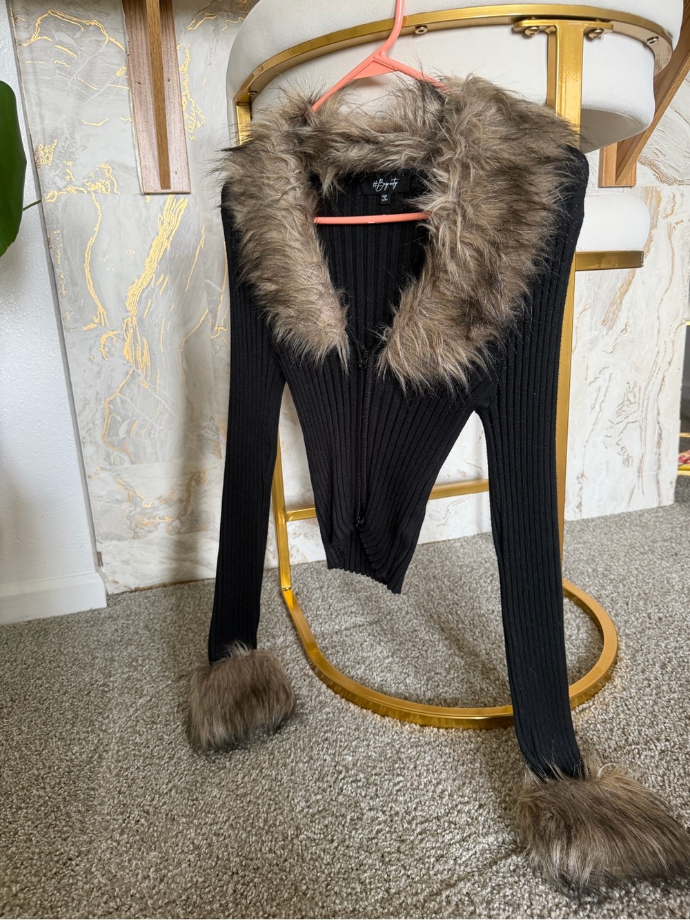 Black Ribbed Women’s Sweater with Faux Fur Trim